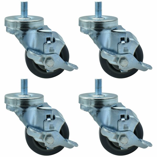 Bk Resources 3-in Threaded Stem Casters, Gray Rubber Wheels, Brake, 300lb Cap, Oil/Grease/Water Resistant, 4PK 3SBR-4ST-GR-PS4